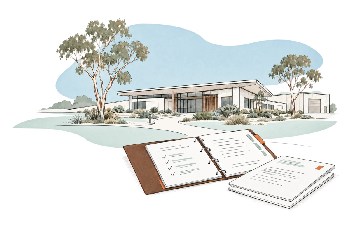 Editorial illustration of tender documents and a Western Australian commercial facility
