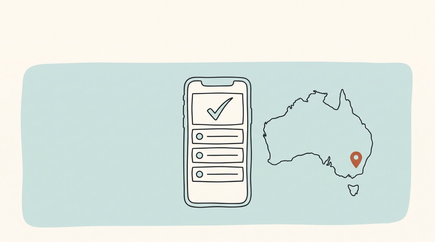 A phone showing a completed check beside a map of Australia