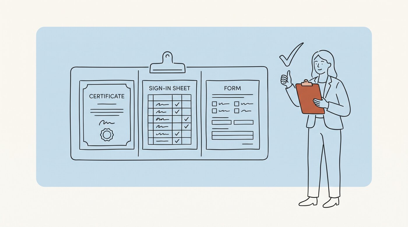 Certificates, a sign-in sheet and a form gathered onto one board