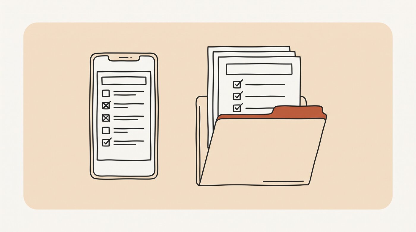 A phone checklist beside a folder of documents