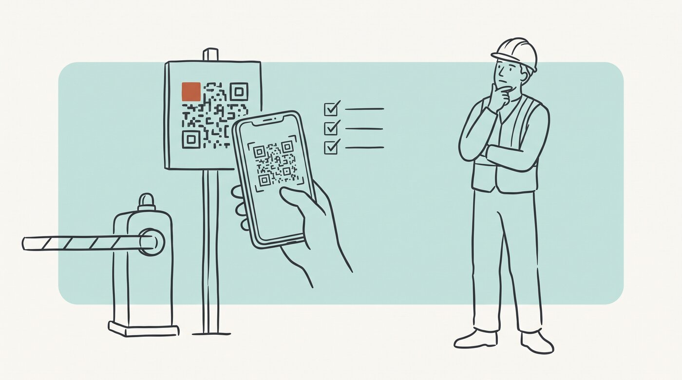 A worker signing in at a site gate with a QR code